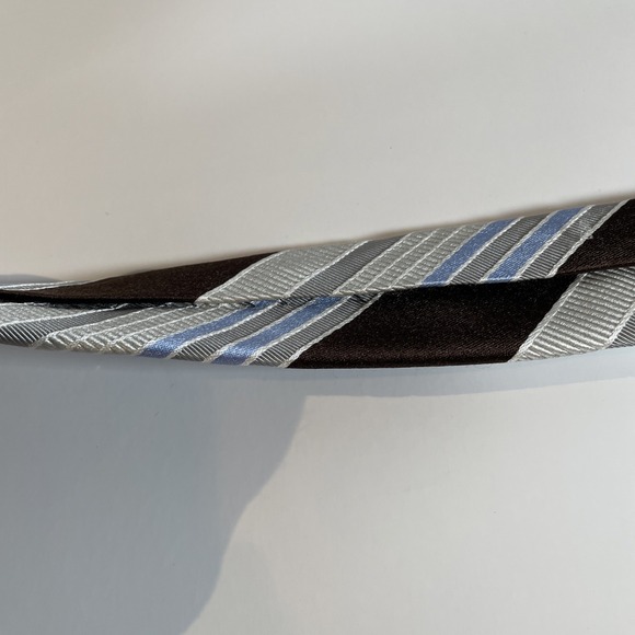 Ike Behar New York Mens Striped Necktie, Brown Blue Silver Diagonal Stripe Tie - Picture 5 of 5